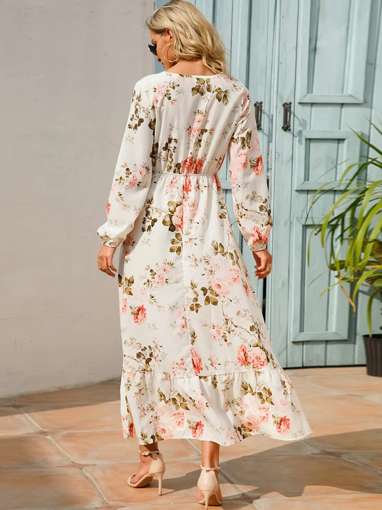 Vestido Olivia de manga larga, talle alto y gasa floral