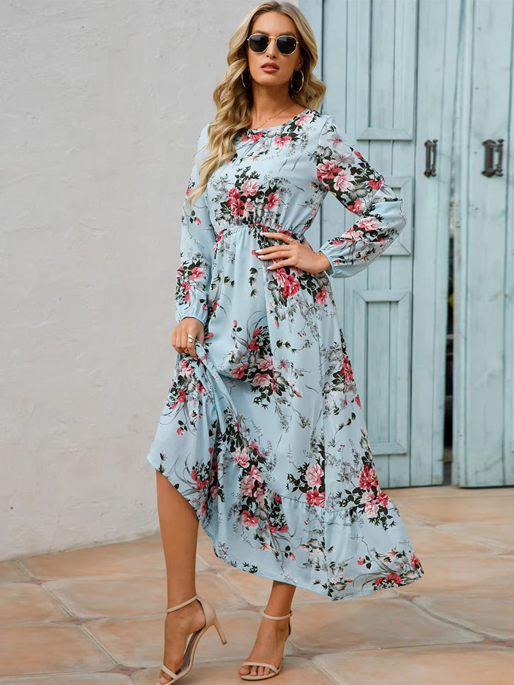 Vestido Olivia de manga larga, talle alto y gasa floral
