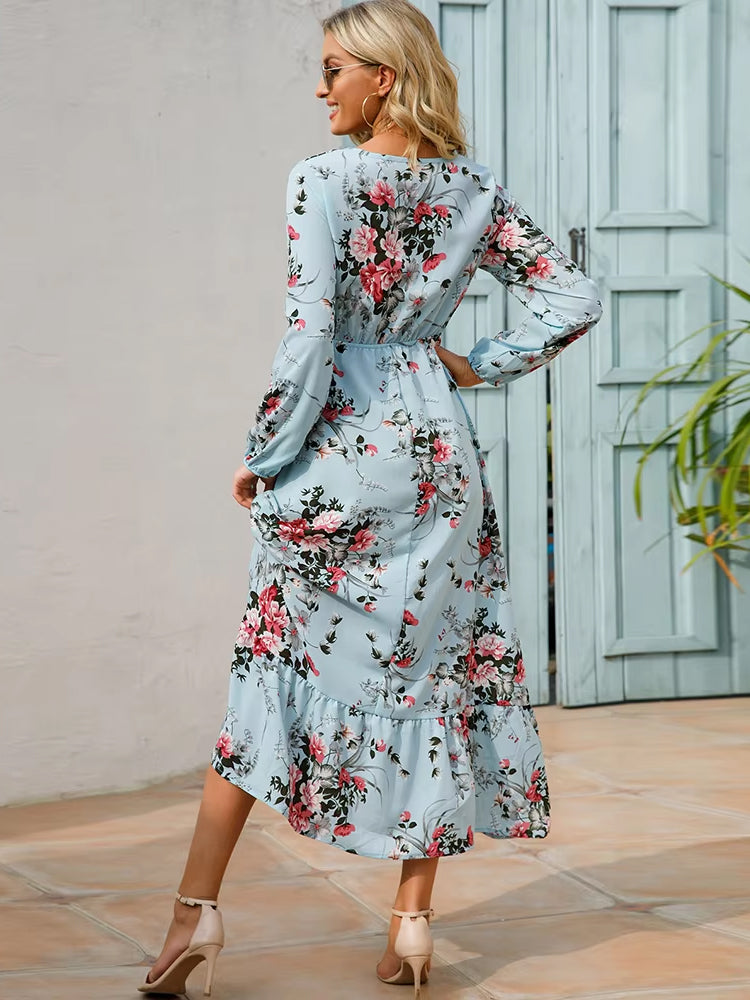 Vestido Olivia de manga larga, talle alto y gasa floral