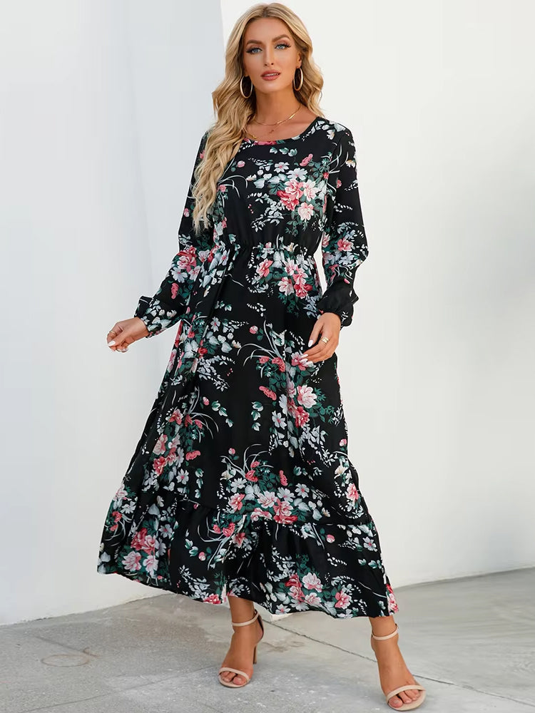 Vestido Olivia de manga larga, talle alto y gasa floral