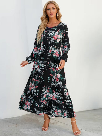 Vestido Olivia de manga larga, talle alto y gasa floral